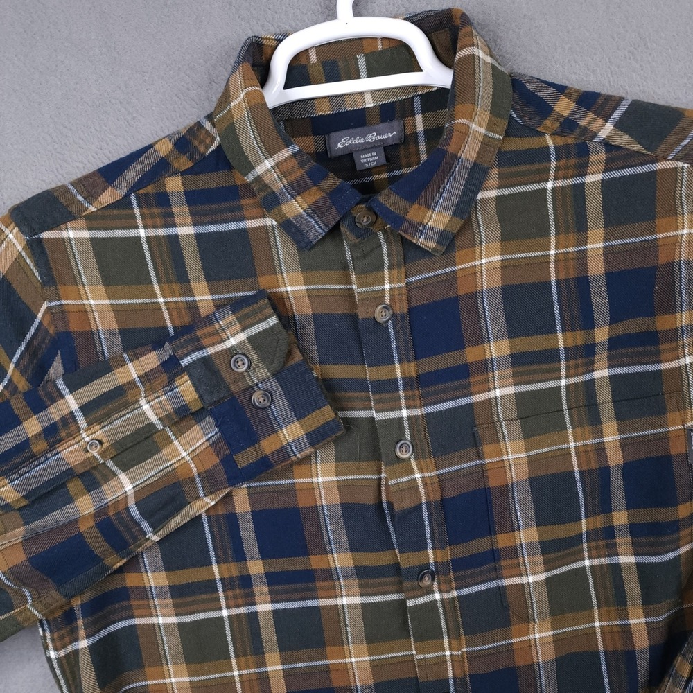 Eddie Bauer Mens Small Long‎ Sleeve Plaid Flannel Shirt Blue Green Brown Cotton